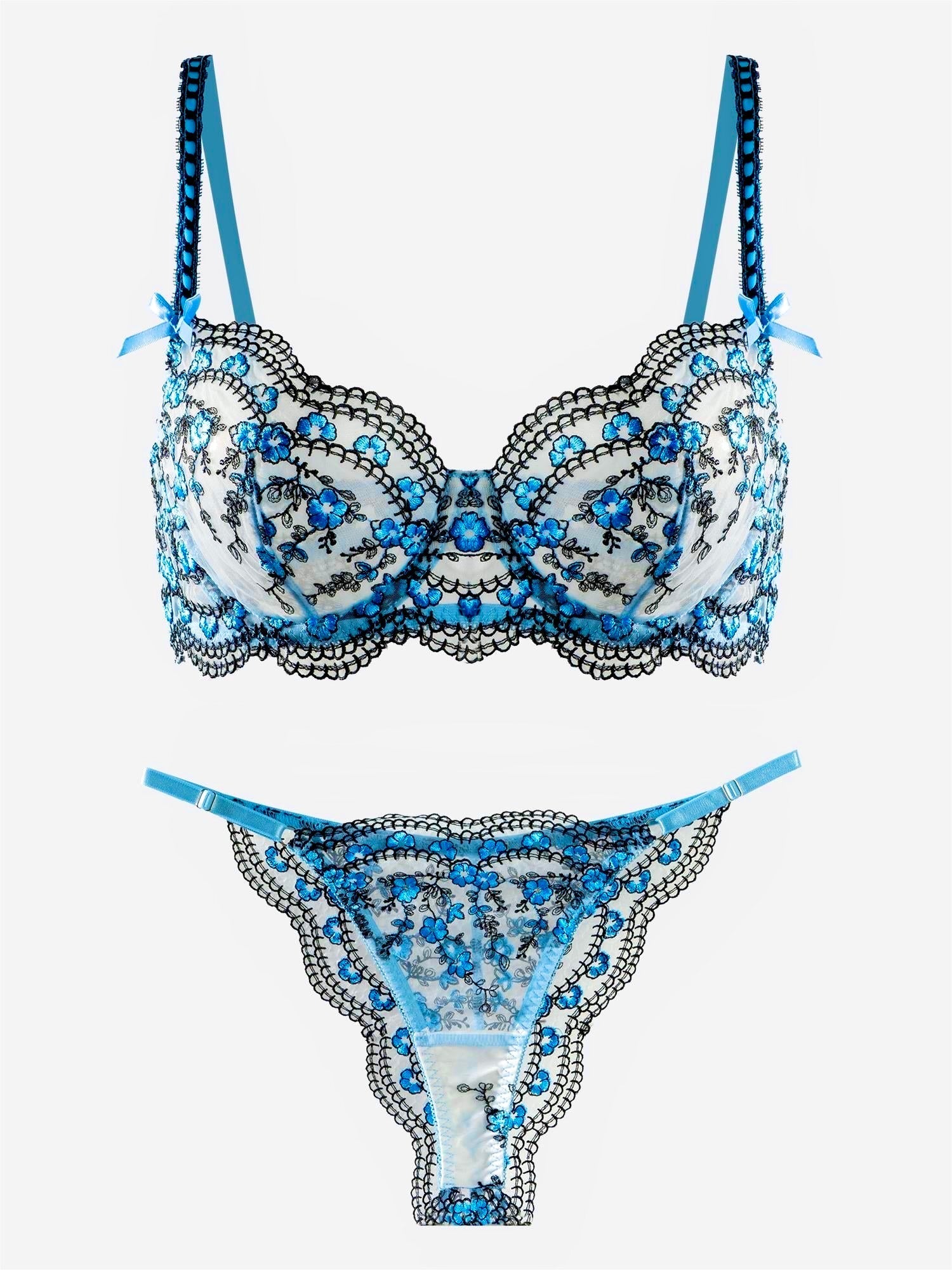 Blossom Delights Embroidered Lace Lingerie Set Blue Purple Hello.LA.Girl